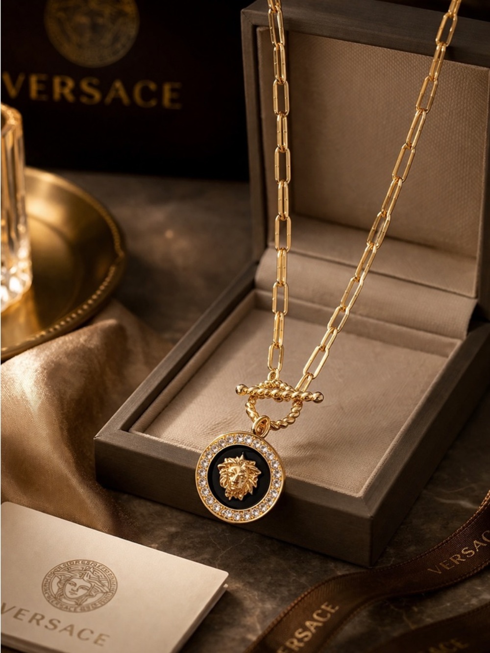 Luxury Designer Black Onxy Greek Lion Head Pendant Necklace - NEW